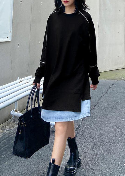 O Neck Patchwork Fall Clothes Tunic Black Dresses