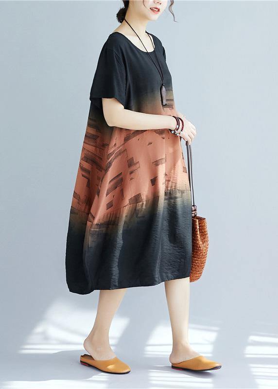 O Neck Patchwork Cotton Dress Khaki Print Dresses Summer