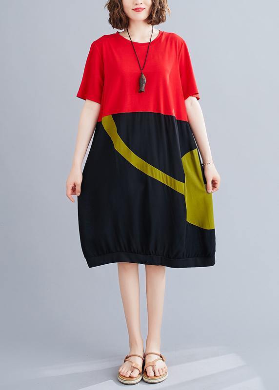 O Neck Patchwork Cotton Dress Red Dresses