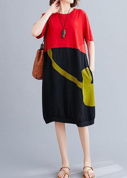 O Neck Patchwork Cotton Dress Red Dresses