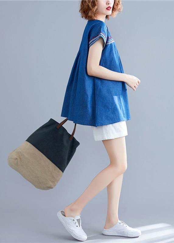 O Neck Patchwork Cotton Blouses Work Denim Blue Summer