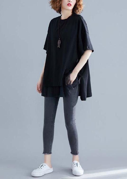 O Neck Patchwork Cotton Blouses for Black Short Shirt Summer