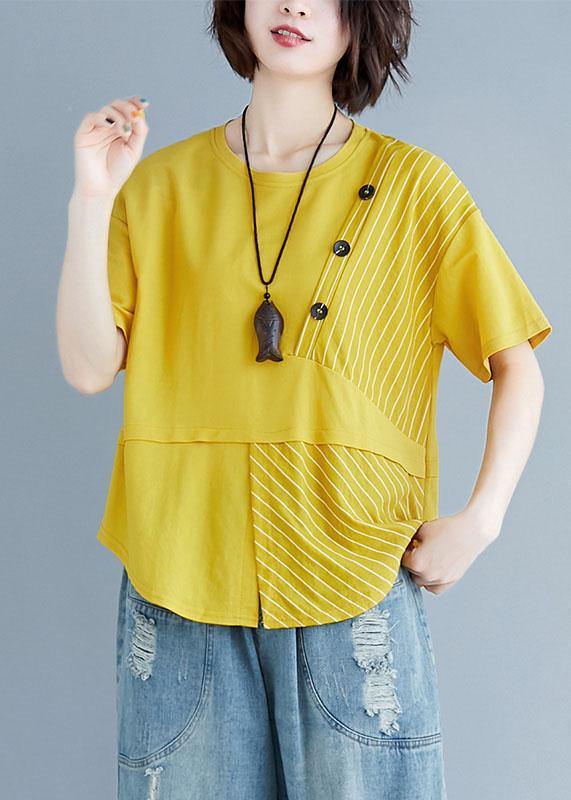 O Neck Patchwork Cotton Blouses for Yellow Top Summer