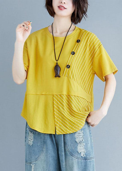 O Neck Patchwork Cotton Blouses for Yellow Top Summer