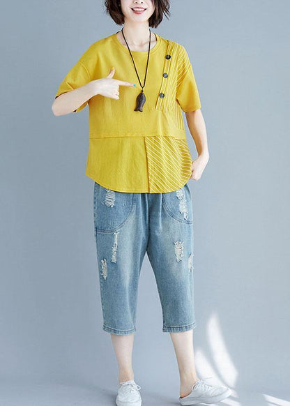 O Neck Patchwork Cotton Blouses for Yellow Top Summer