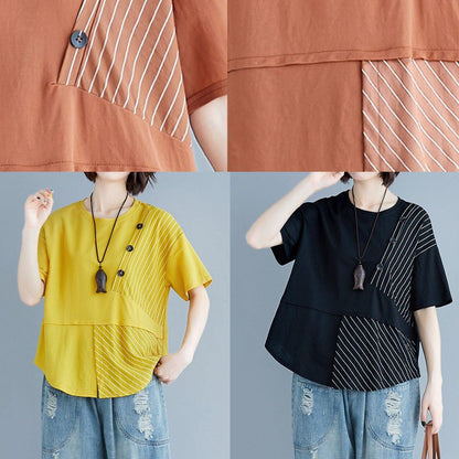 O Neck Patchwork Cotton Blouses for Yellow Top Summer