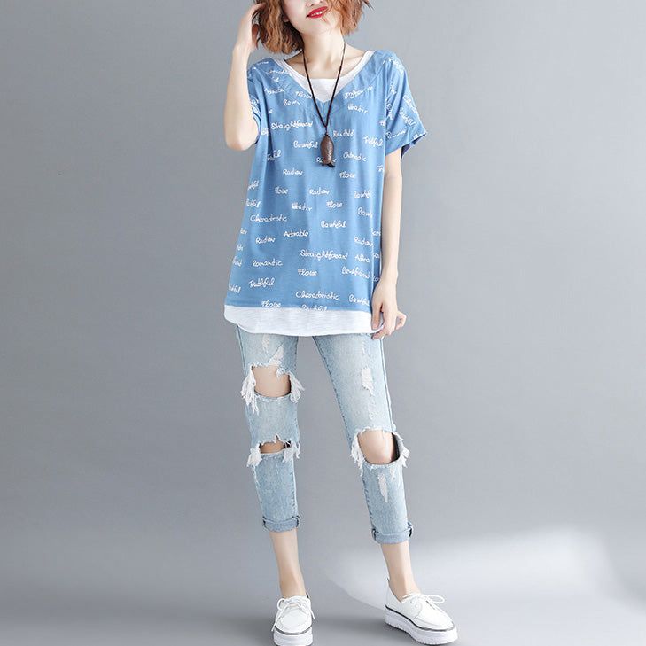 O Neck Patchwork Cotton Clothes Outfits Blue Print Shirt