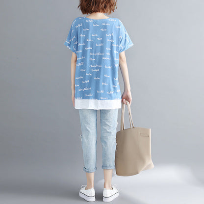 O Neck Patchwork Cotton Clothes Outfits Blue Print Shirt