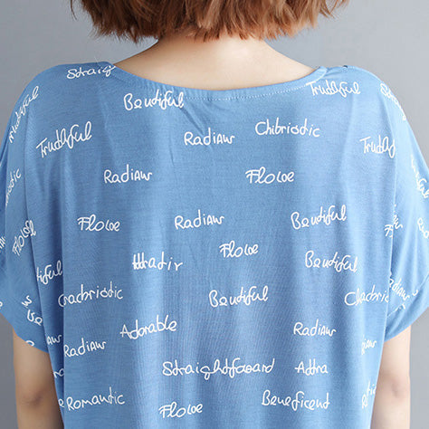 O Neck Patchwork Cotton Clothes Outfits Blue Print Shirt