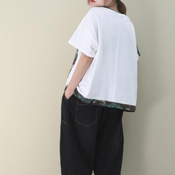 O Neck Patchwork Cotton Clothes for Shape White Blouse