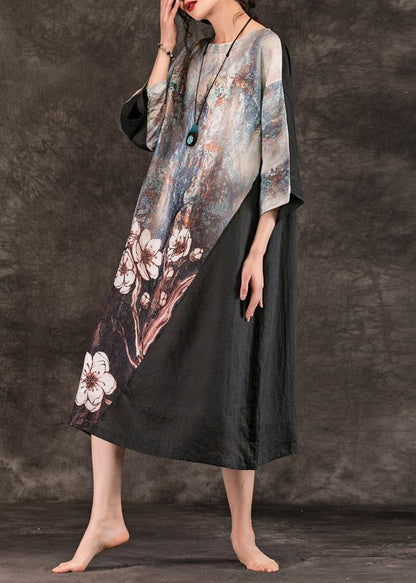 O Neck Patchwork Linen Clothes for Runway Black Print Dress Summer