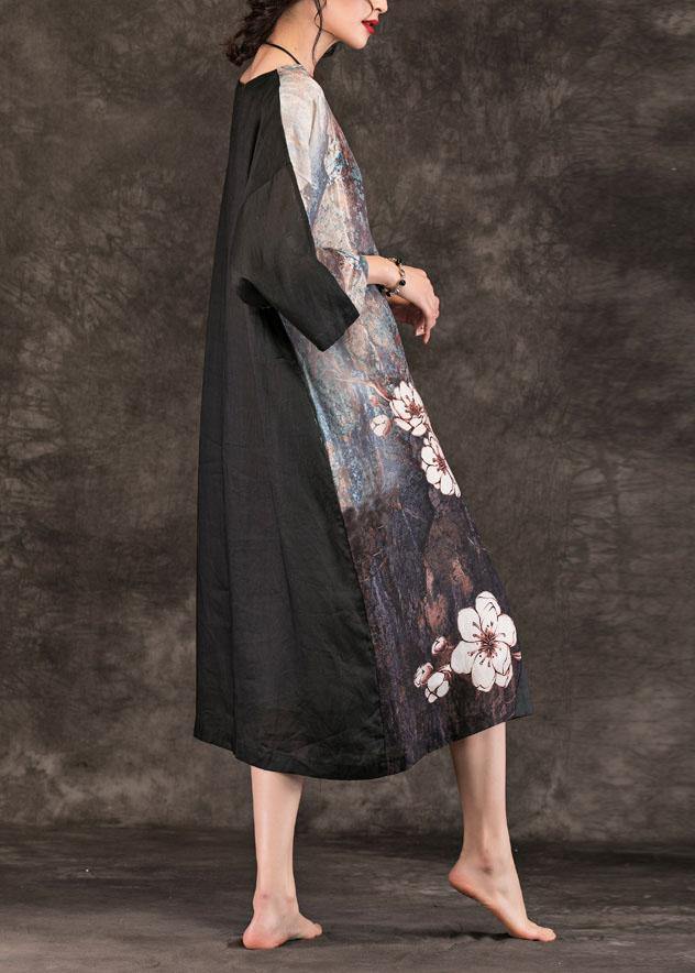 O Neck Patchwork Linen Clothes for Runway Black Print Dress Summer