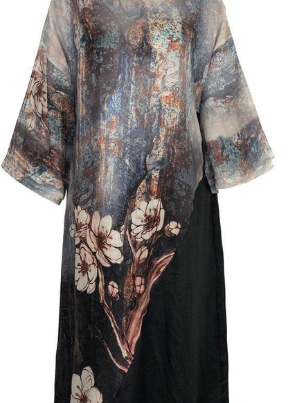 O Neck Patchwork Linen Clothes for Runway Black Print Dress Summer