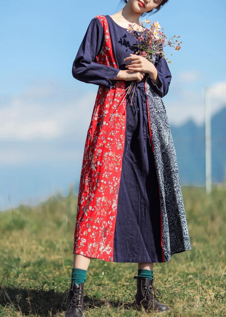 O Neck Patchwork Linen Cotton Robes Sewing Dark Blue Dress Summer
