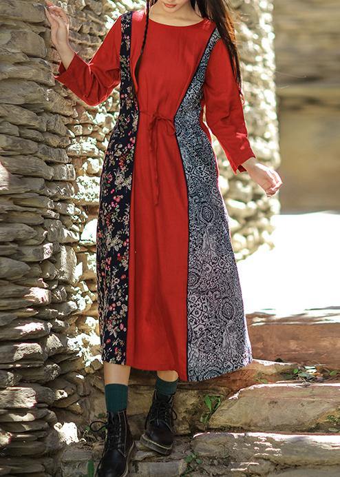 O Neck Patchwork Linen Cotton Robes Sewing Dark Blue Dress Summer