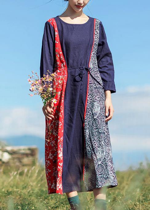 O Neck Patchwork Linen Cotton Robes Sewing Dark Blue Dress Summer