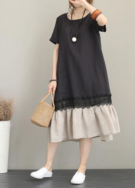 O Neck Patchwork Linen Summer Dress Tunic Tops Black Dresses