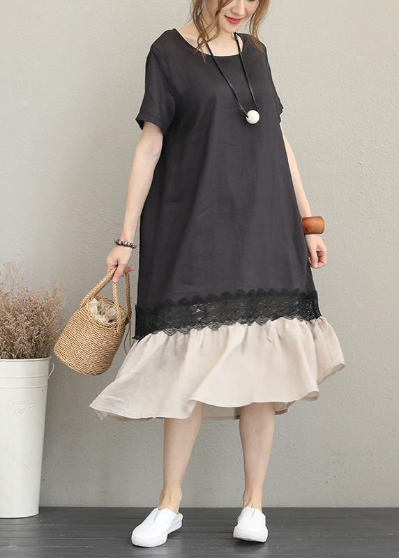 O Neck Patchwork Linen Summer Dress Tunic Tops Black Dresses