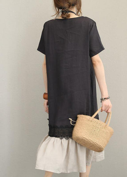 O Neck Patchwork Linen Summer Dress Tunic Tops Black Dresses