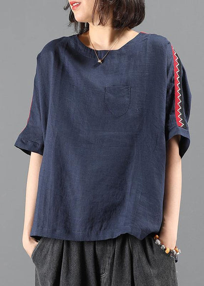 O Neck Patchwork Summer Tops Navy Clothing Top