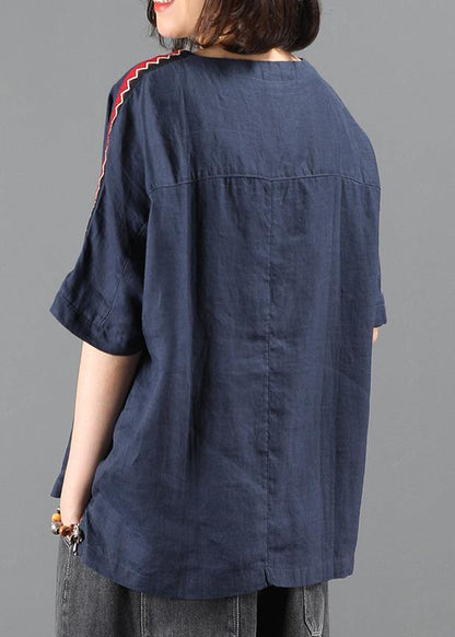 O Neck Patchwork Summer Tops Navy Clothing Top
