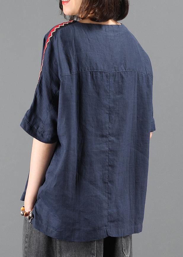 O Neck Patchwork Summer Tops Navy Clothing Top