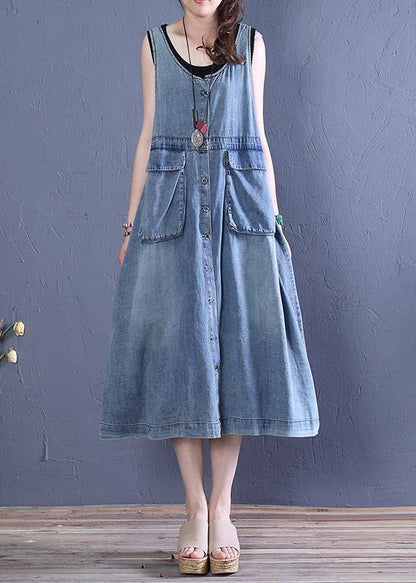 O Neck Pockets Cotton Summer Tunics Tutorials Denim Blue Dresses