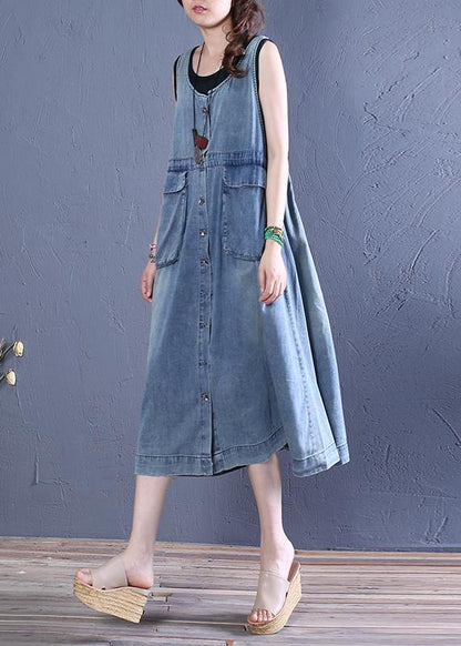 O Neck Pockets Cotton Summer Tunics Tutorials Denim Blue Dresses