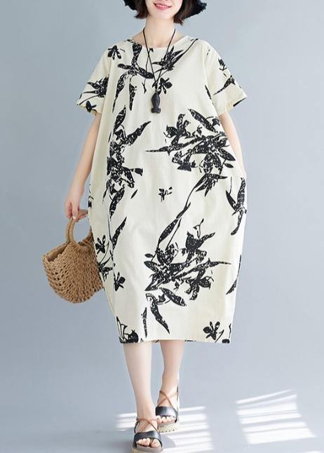 O Neck Pockets Cotton Summer Dresses Pattern Beige Print Dress