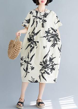 O Neck Pockets Cotton Summer Dresses Pattern Beige Print Dress