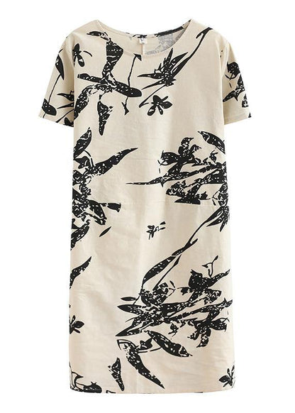 O Neck Pockets Cotton Summer Dresses Pattern Beige Print Dress