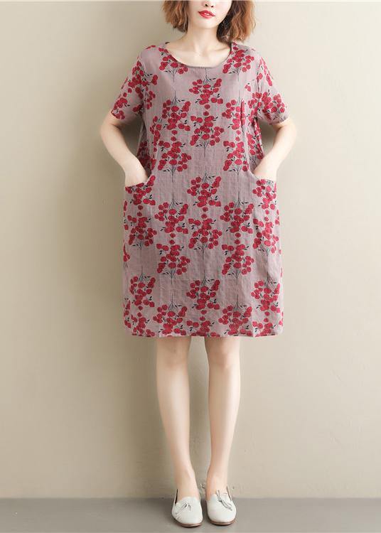 O Neck Pockets Cotton Tunics for Outfits Red Print Dress Summer