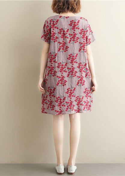 O Neck Pockets Cotton Tunics for Outfits Red Print Dress Summer