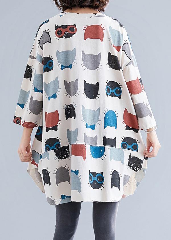 O Neck Pockets Cotton Clothes for Wardrobes Beige Print Top