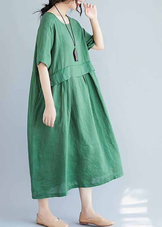 O Neck Pockets Cotton Linen Quilting Dresses Photography Green Dress Summer