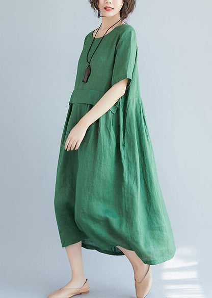 O Neck Pockets Cotton Linen Quilting Dresses Photography Green Dress Summer