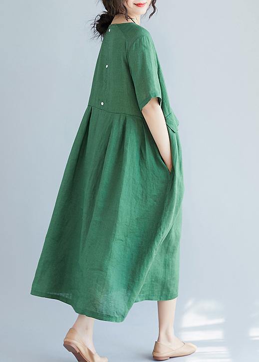 O Neck Pockets Cotton Linen Quilting Dresses Photography Green Dress Summer