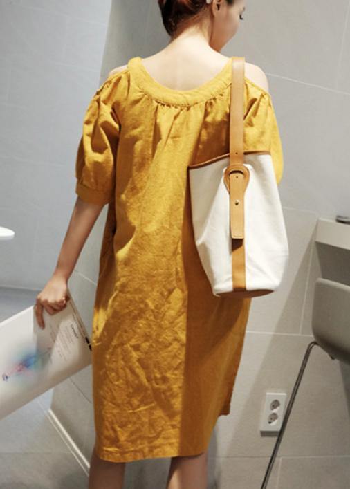O Neck Pockets Cotton Linen Summer Dress Inspiration Yellow Dresses