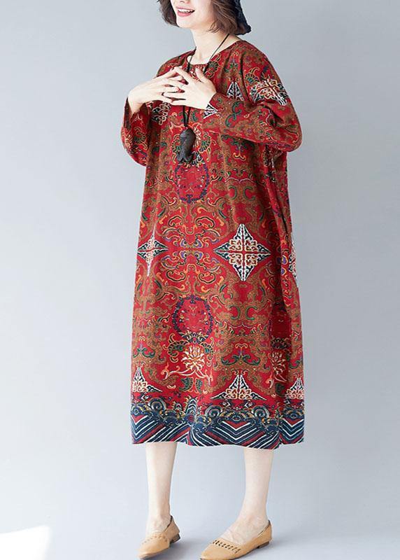 O Neck Pockets Linen Robes Inspiration Red Print Dress