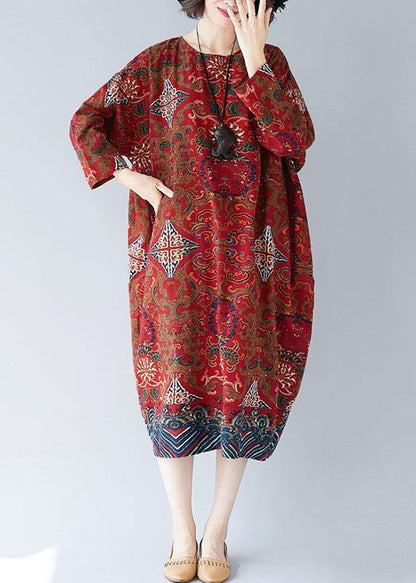 O Neck Pockets Linen Robes Inspiration Red Print Dress