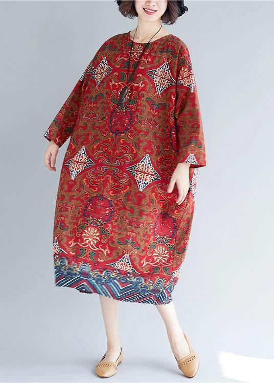 O Neck Pockets Linen Robes Inspiration Red Print Dress