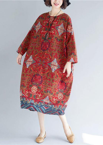 O Neck Pockets Linen Robes Inspiration Red Print Dress