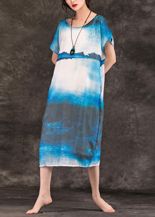 O Neck Pockets Linen Clothes for Online Shopping Blue Print Dresses Summer