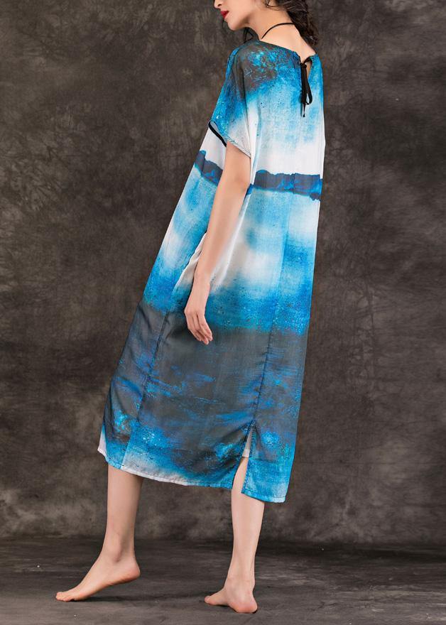 O Neck Pockets Linen Clothes for Online Shopping Blue Print Dresses Summer
