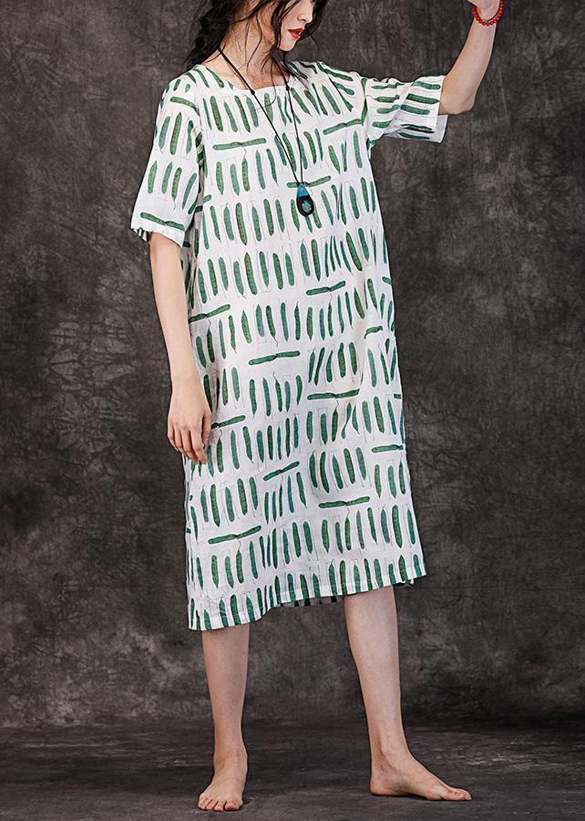 O Neck Pockets Linen Clothes Wardrobes Green Striped Dresses Summer