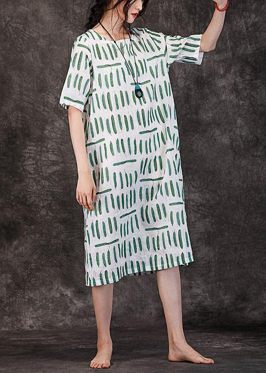 O Neck Pockets Linen Clothes Wardrobes Green Striped Dresses Summer