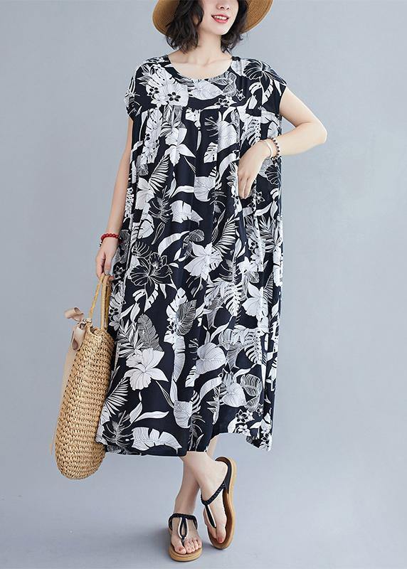 O Neck Pockets Summer Quilting Dresses Runway Black Print Dress