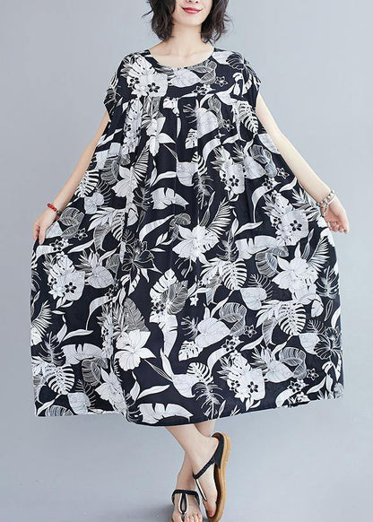 O Neck Pockets Summer Quilting Dresses Runway Black Print Dress