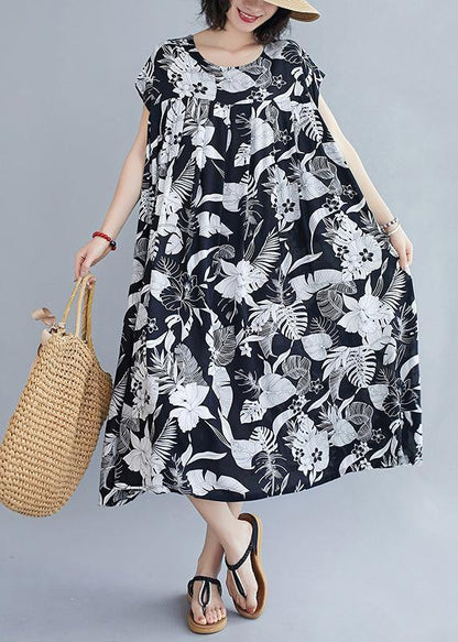 O Neck Pockets Summer Quilting Dresses Runway Black Print Dress