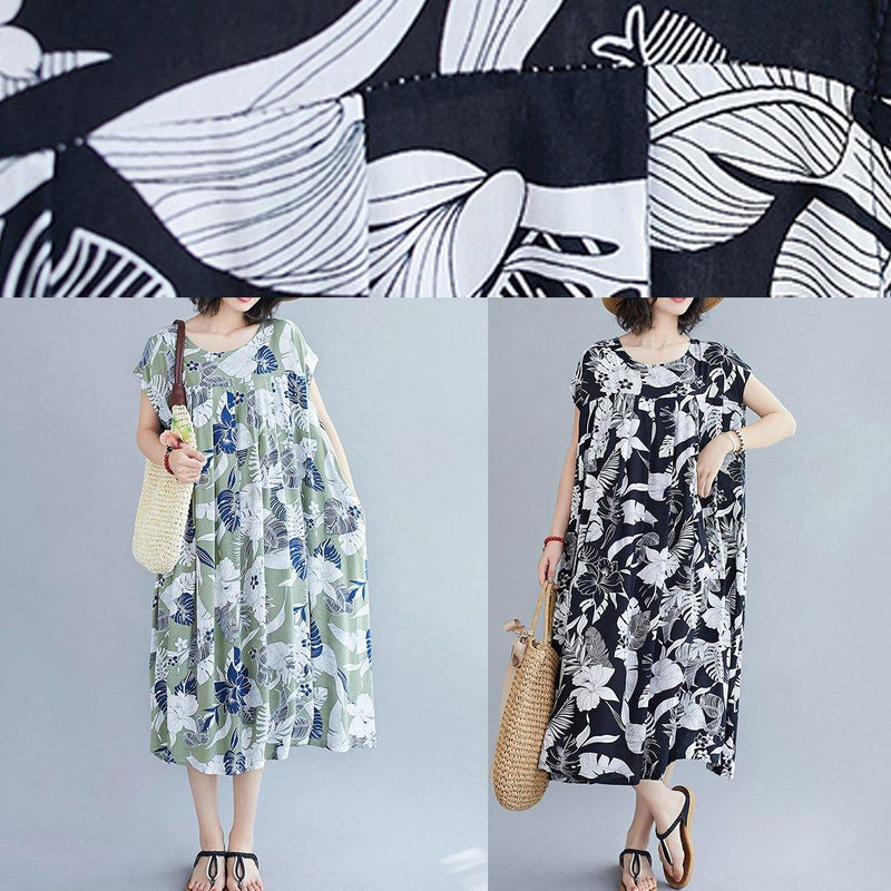 O Neck Pockets Summer Quilting Dresses Runway Black Print Dress